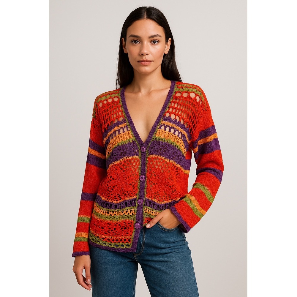 IB Diffusion Vintage Style Cardigan Women Large Red‎ Crochet Open Knit Sweater